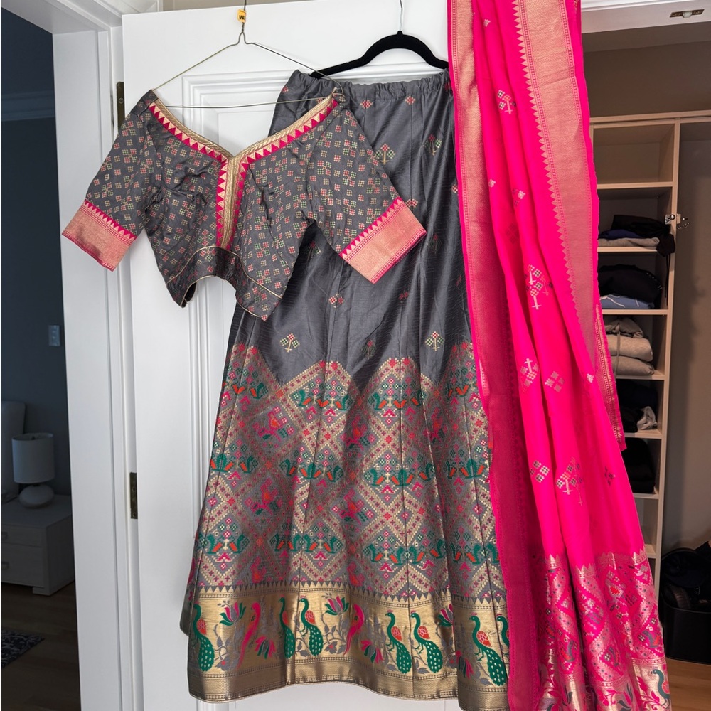 NWOT Gray and Pink Embroidered Lehenga Set